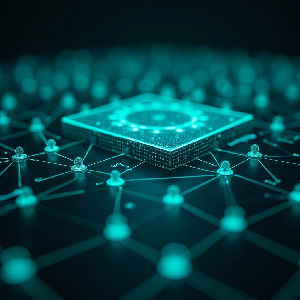 Abstract visualization of gaming platforms - PC, console, and mobile devices interconnected by glowing teal digital networks representing gaming communities