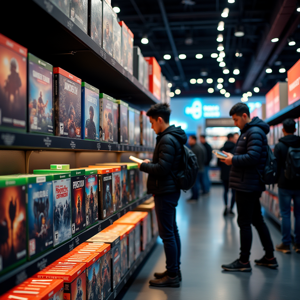 Modern gaming retail store with shelves displaying physical PlayStation and Xbox game cases, customers examining boxes during holiday shopping season, warm lighting highlighting the tangible nature of physical media