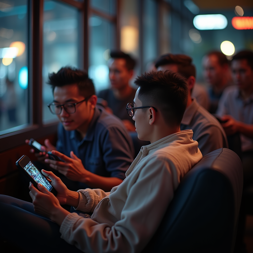 Diverse group of mobile gamers playing competitive games on smartphones in various settings - commuting, at home, and in cafes - representing the accessibility and inclusivity of mobile gaming platforms