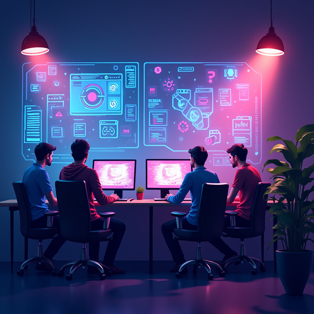A vibrant digital illustration showing PC gamers collaborating in a virtual workshop space, with holographic displays showing game modifications, 3D models, and code editors floating in the air, representing the creative community of modders working together on game content