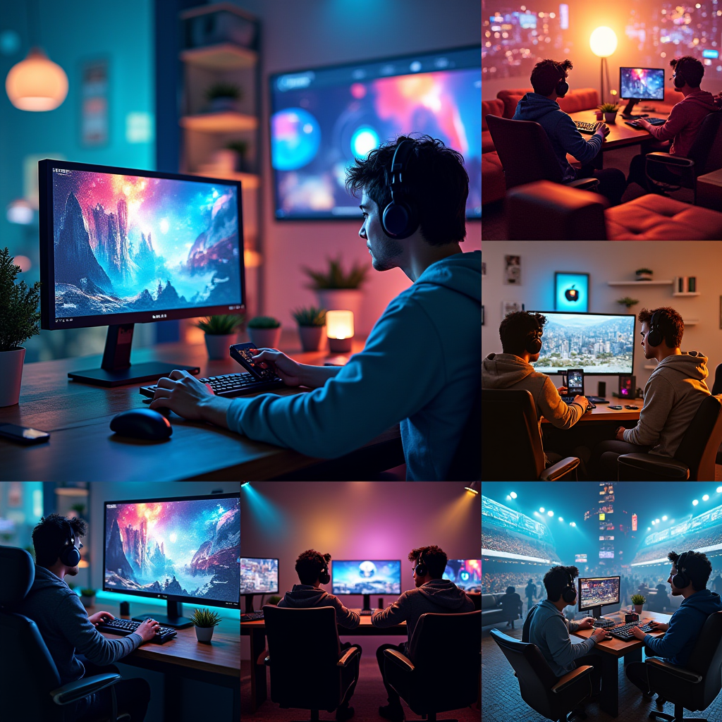 Collage showing diverse gaming scenarios: PC gamer at multi-monitor setup, console players on couch with controllers, mobile gamers on commute, esports arena, casual gaming cafe, representing different platform cultures and communities