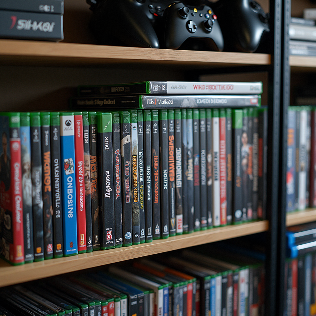 Well-organized home gaming shelf displaying a curated collection of physical PlayStation and Xbox game cases arranged by franchise and genre, showing collector's pride in tangible media ownership