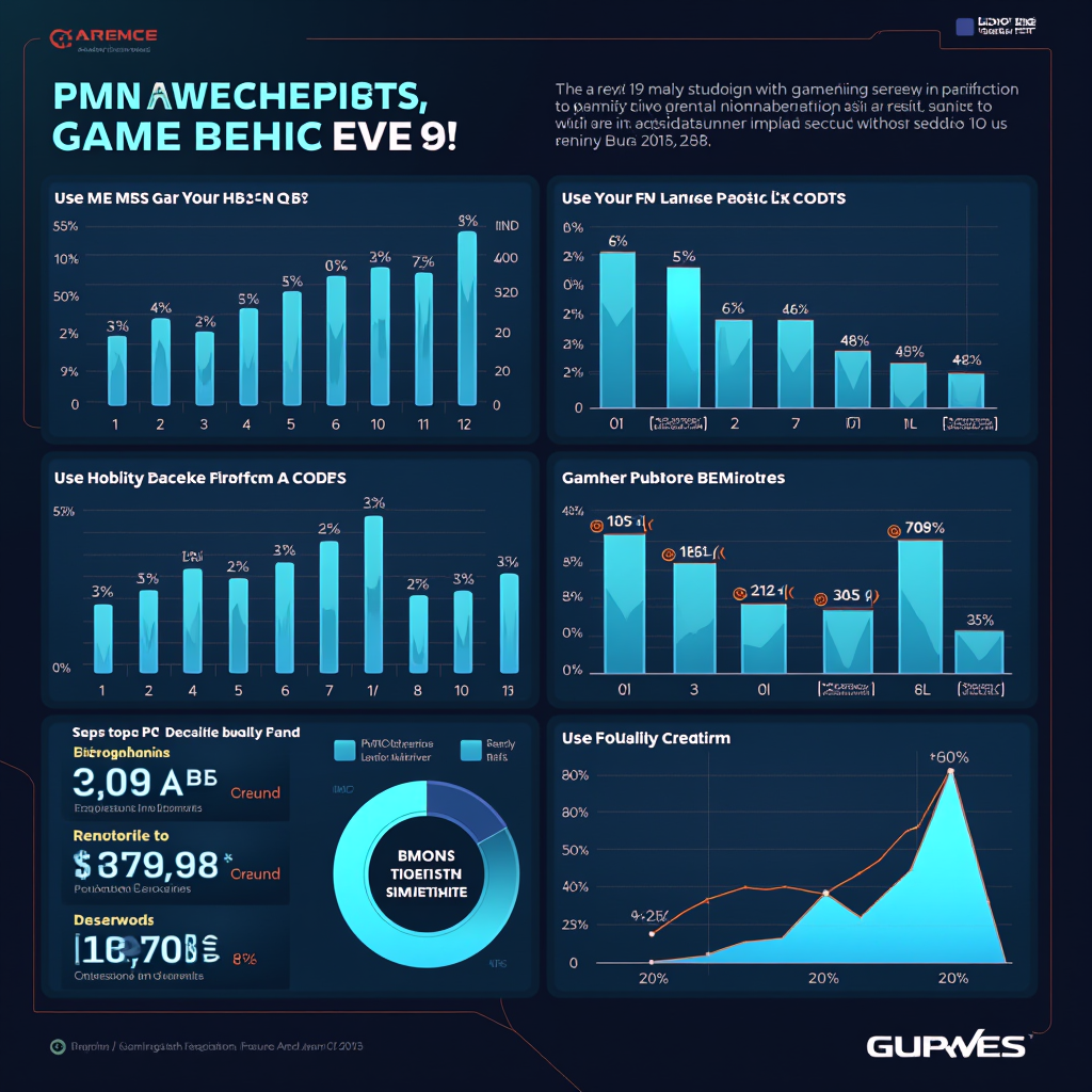Data visualization dashboard showing gaming behavior survey results with charts, graphs, and demographic breakdowns across PC, console, and mobile platforms