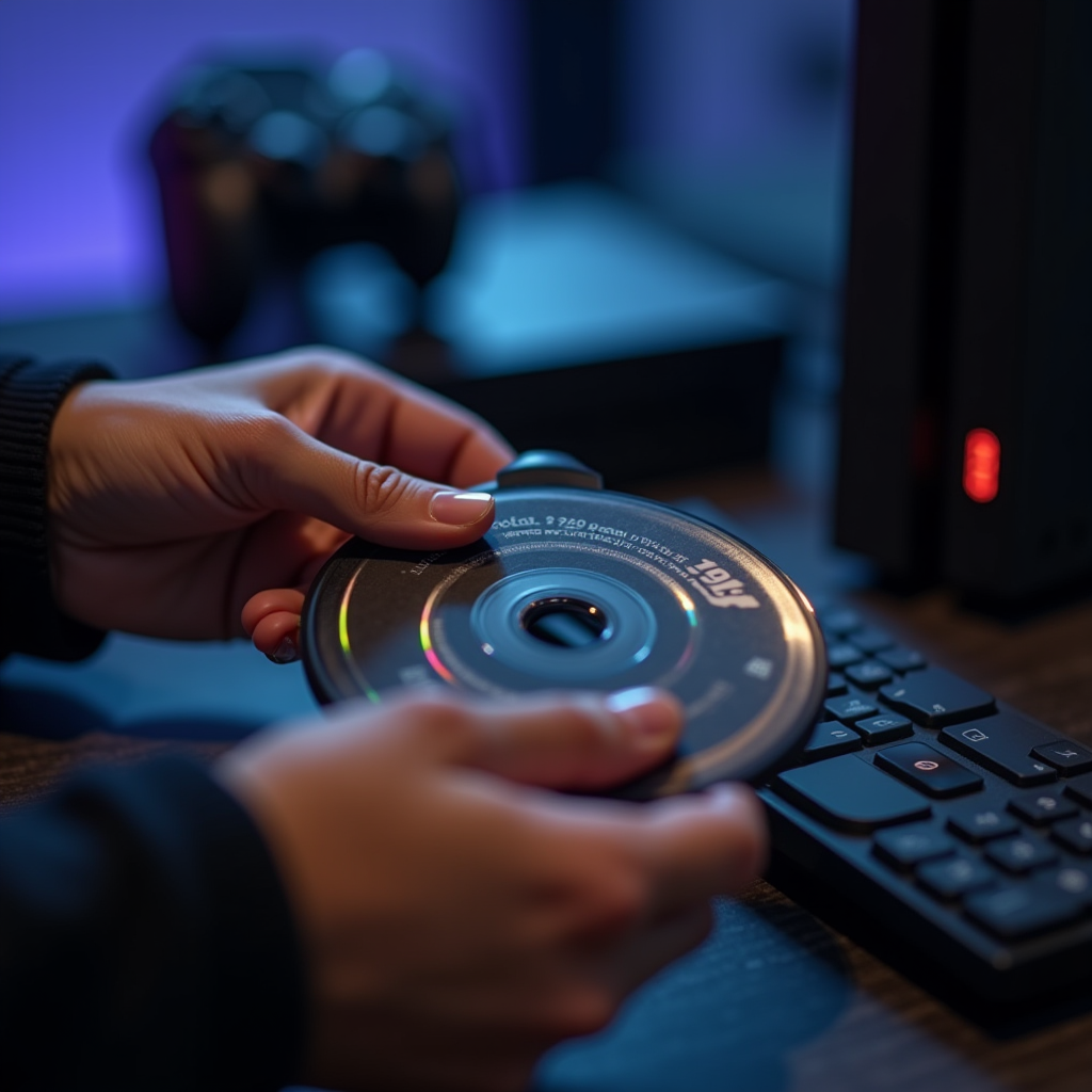 Close-up photograph of gamer's hands carefully holding a physical game disc and case, with PlayStation or Xbox console visible in soft focus background, emphasizing the tangible nature of physical media ownership