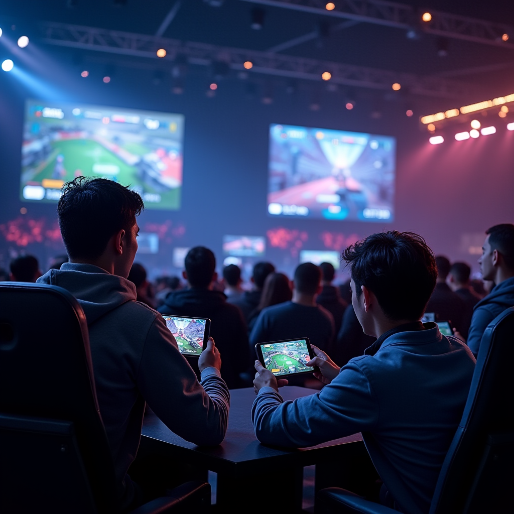 Professional mobile esports tournament with players competing on smartphones at gaming stations, large screens displaying gameplay, and an engaged audience watching the competition in a modern esports arena