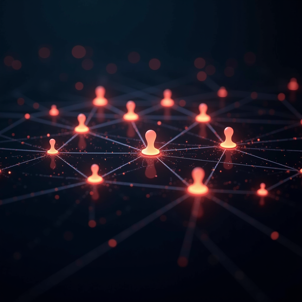 An artistic visualization of a modding community network showing interconnected nodes representing different community members, with glowing lines indicating collaboration, knowledge sharing, and project contributions, creating a complex web of social connections and creative partnerships