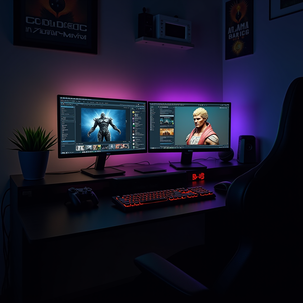 A creative workspace showing a PC gamer's dual monitor setup with game modding software open, custom character models being designed, and a vibrant online community forum visible, representing the collaborative and creative nature of PC gaming modding culture