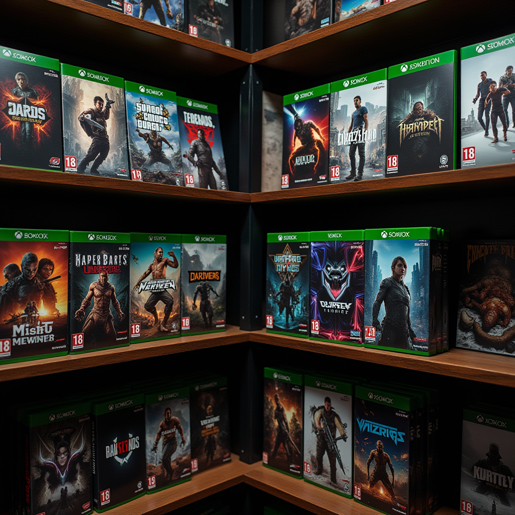 Comparative display showing PlayStation and Xbox physical game collections side by side on shelves, featuring platform-exclusive titles and demonstrating different collecting cultures between the two console ecosystems