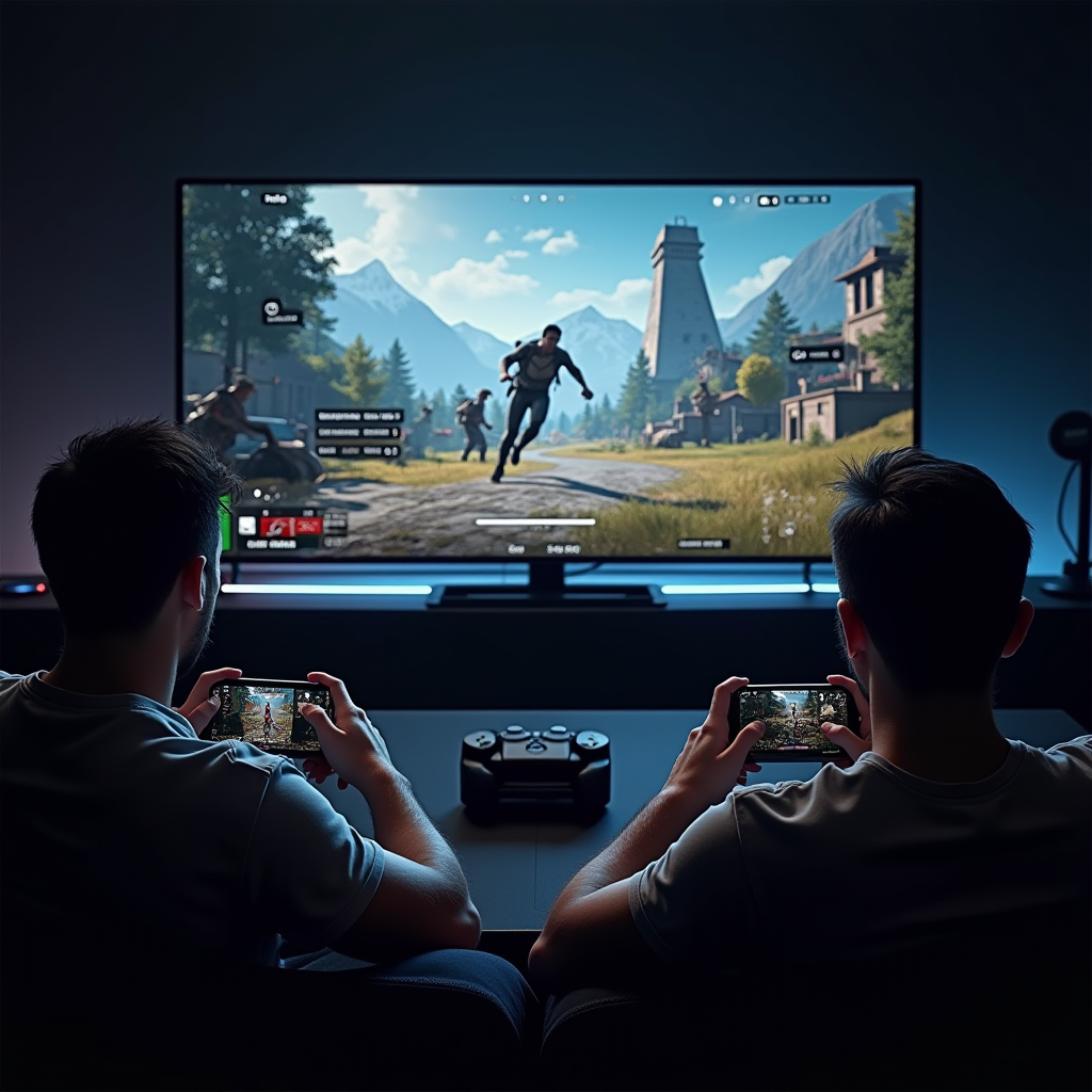 Split-screen visualization showing the same multiplayer game being played simultaneously on PC, console, and mobile devices, with players from all platforms competing together in a unified gaming experience
