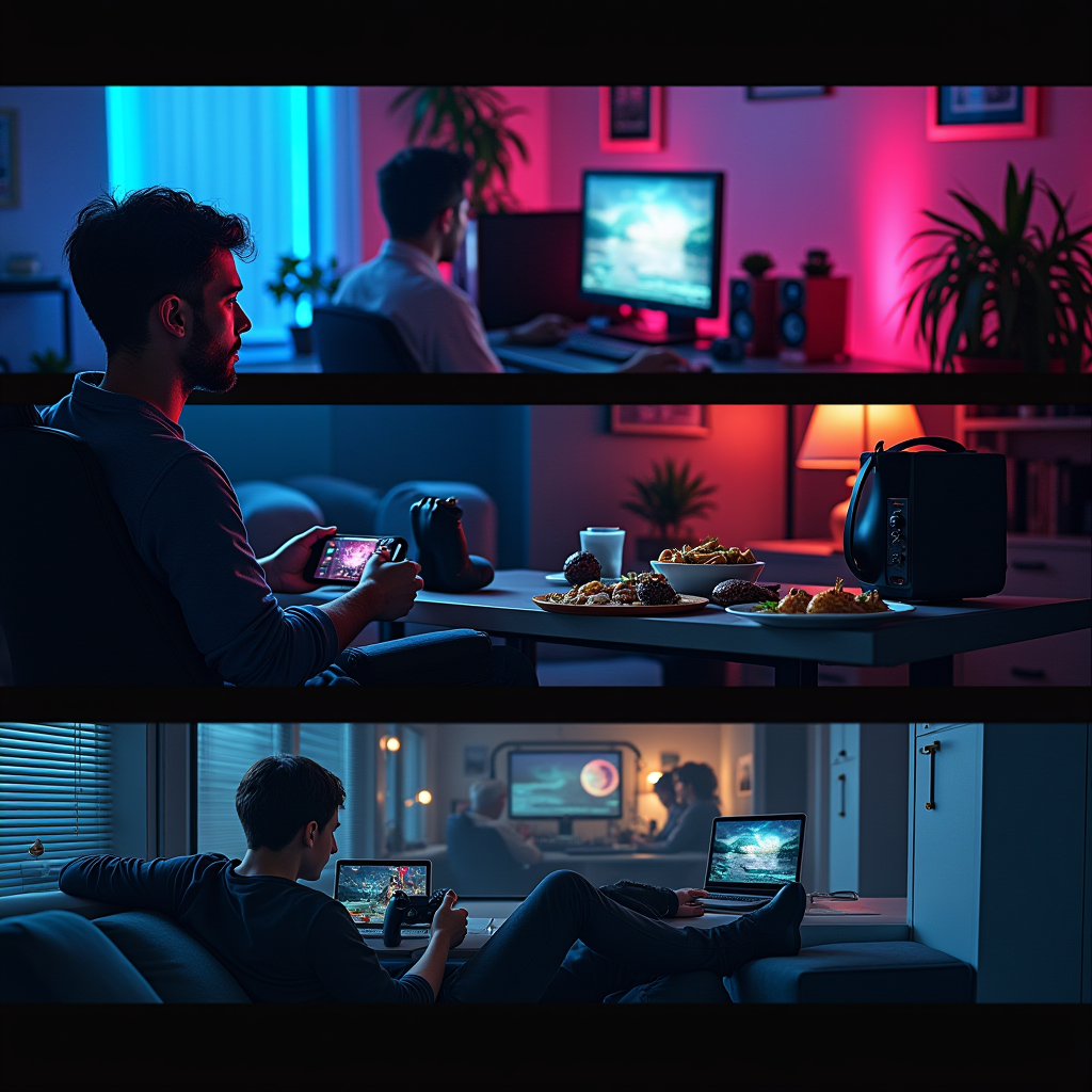 Collage showing three different gaming scenarios: a PC gamer in a dedicated gaming room with RGB lighting during a long evening session, a console player relaxing on a couch with snacks during weekend gaming, and a mobile gamer playing during a commute on public transportation