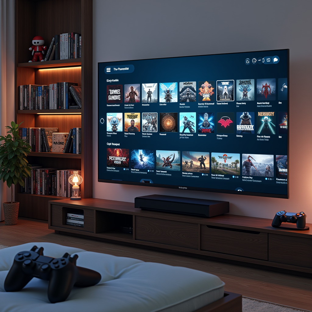 Contemporary gaming setup displaying both physical game collection on shelves and digital library interface on television screen, symbolizing the coexistence of physical and digital media formats in modern console gaming