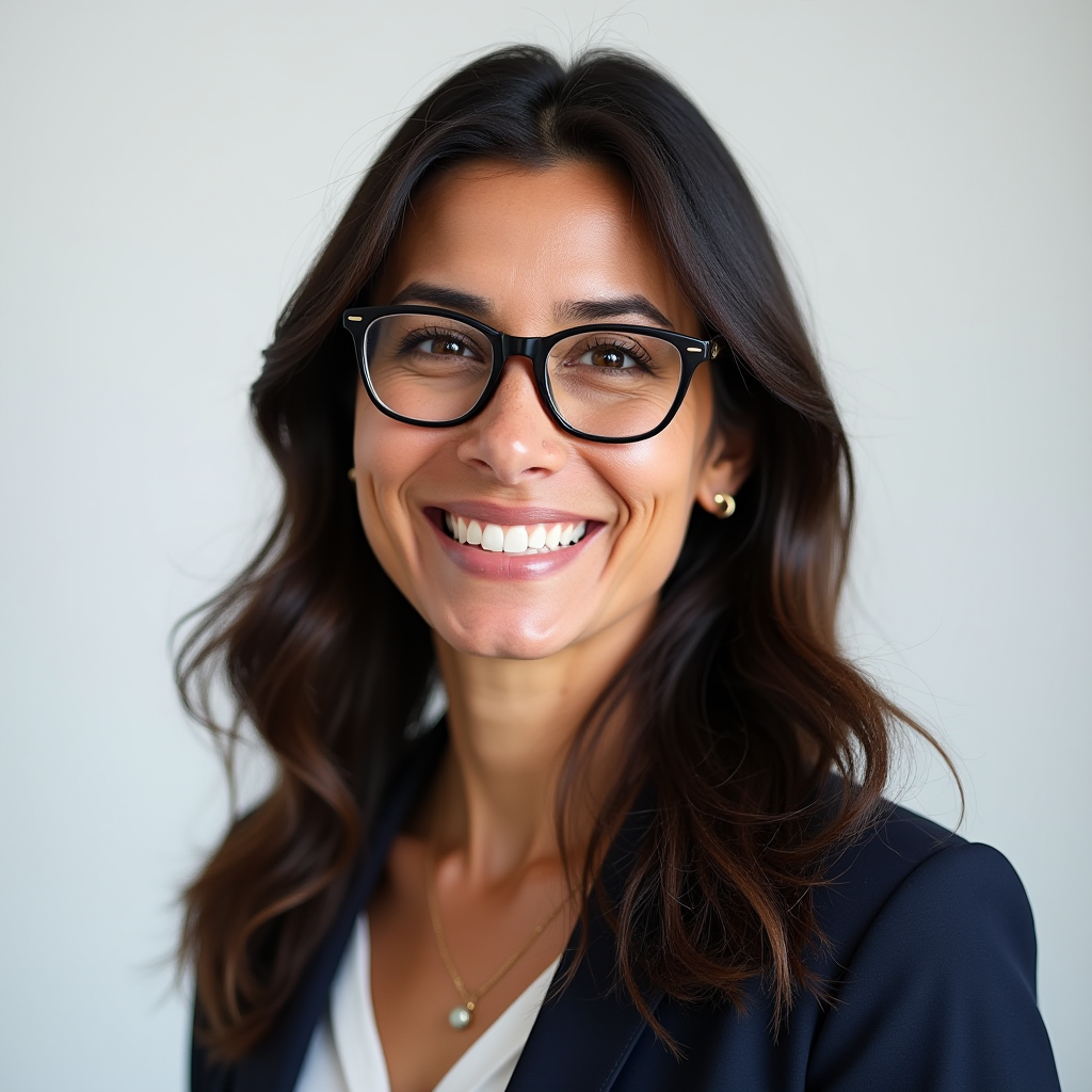 Professional headshot of Dr. Marina Santos, gaming sociologist, wearing glasses and casual professional attire, smiling warmly at camera