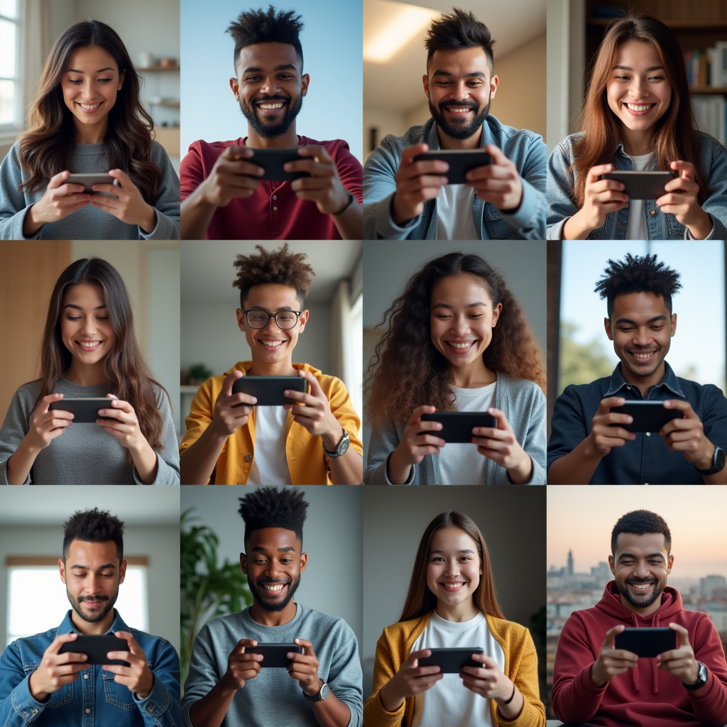 Diverse collage showing mobile gamers from different countries, cultures, and socioeconomic backgrounds playing games on smartphones, representing the global accessibility and inclusivity of mobile gaming across various demographics