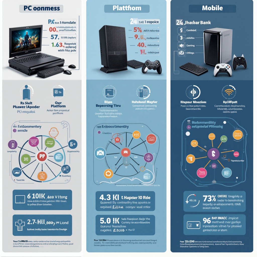 A comparative visualization showing three gaming platforms side by side - PC, console, and mobile - with visual indicators for openness, modification capabilities, community structures, and player agency, using graphs, icons, and color coding to illustrate the fundamental differences in platform philosophies and player relationships