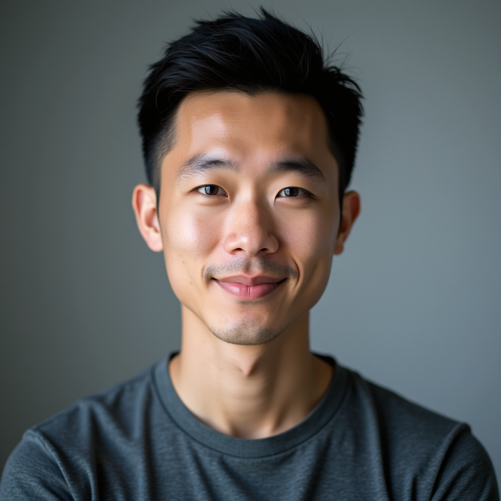 Professional headshot of Robert Chen, data analyst, young Asian man with short hair wearing casual tech industry attire, confident expression