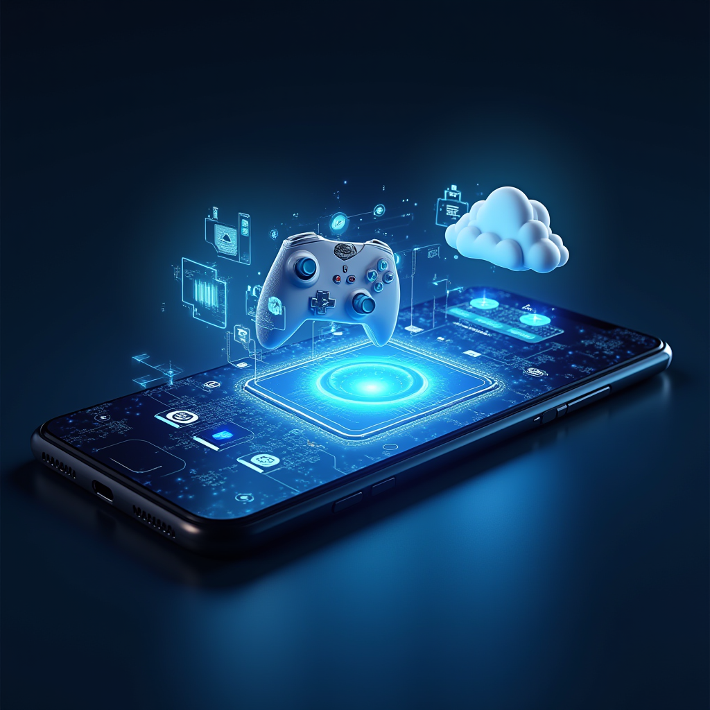 Futuristic concept art showing advanced mobile gaming technology with holographic displays, cloud gaming integration, and next-generation mobile devices, representing the future evolution of mobile gaming platforms